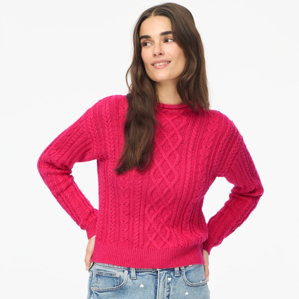 NWT NEW J.Crew J crew Small bright pink crew roll mock neck cable knit sweater - Picture 5 of 8